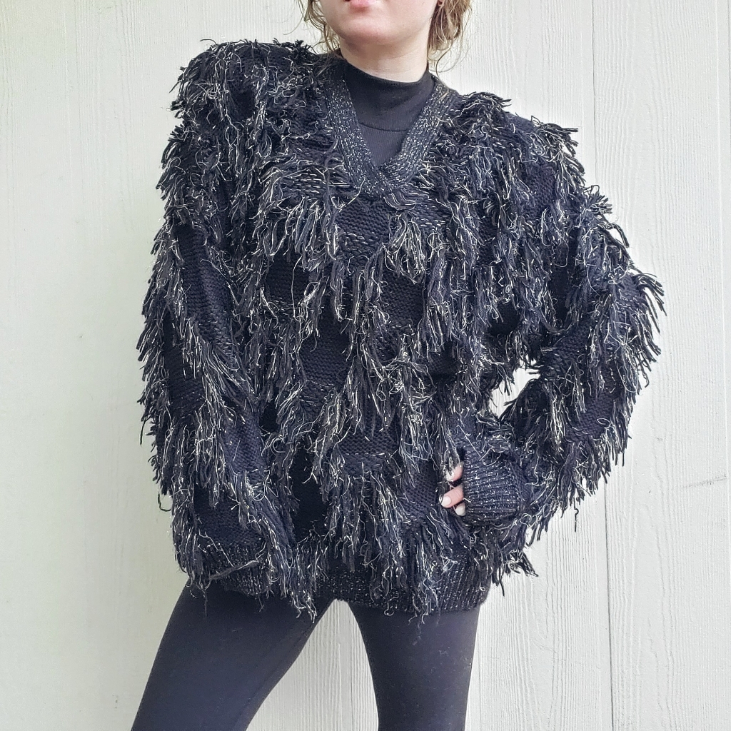 Vintage Black Gold Shag Fringe Knit Oversized Chunky Sweater
